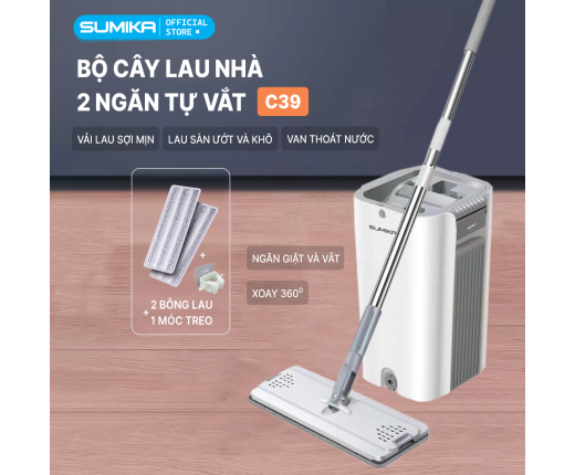 Bộ cây lau nhà SUMIKA C39, thùng lau nhà 2 ngăn tự vắt