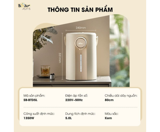 Bình thuỷ điện Bear 5L SB-BTD5L – Màu Kem