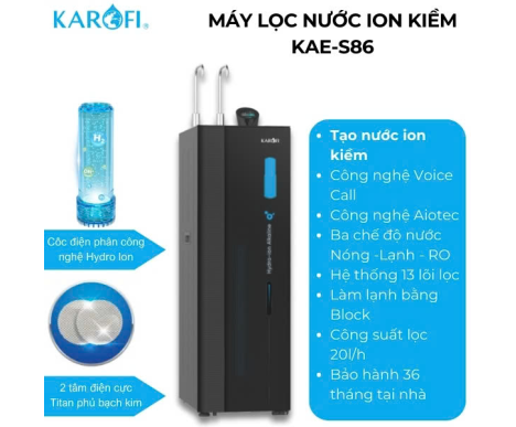 Máy lọc nước nóng lạnh Hydro-ion kiềm Karofi KAE-S86 - 12 Lõi