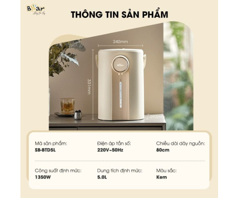 Bình thuỷ điện Bear 5L SB-BTD5L – Màu Kem